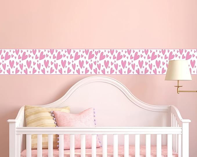 FLFK Pink Heart Wallpaper Border - Peel and Stick Wall Paper, Self Adhesive Removable PVC Borders Sticker, Modern Waterproof Trim for Home Decor, 7" x 240"