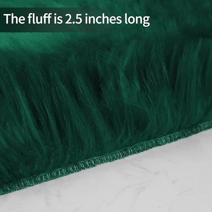 Green Samll Faux Fur Sheepskin Area Rug for Living Room Bedroom, 2 x 3 Feet Ultra Soft Shaggy Fuzzy Furry Carpet Chair Throw Rugs for Kids, Girls, Nursery Room Decor Dorms