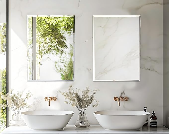 Frameless Rectangular Wall Mirror: Decorative Rectangle Mirrored Glass Vanity with Beveled Silver Edge for Bathroom Bedroom Livingroom Dining Room Entryway Hallway, 20 x 16 inch