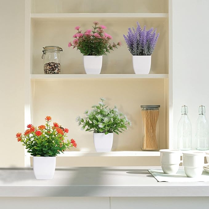Artificial Potted Flowers 4pcs Fake Small Plant in Pot Mini Faux Plant Door House Office Tabletop Kitchen Colorful Greenery Decor