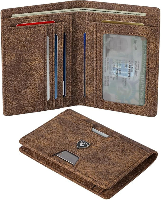 GSOIAX Wallet for Men Slim RFID Blocking Front Pocket Bifold Wallet Leather Money Clip 10-12 Cards Mens Wallet with ID Window Thin Minimalist Credit Card Holder Birthday Gifts for Men Patterned-Brown