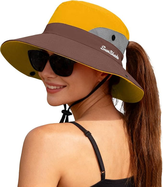 ZOORON Women's Ponytail Safari Sun Hat,Wide Brim UV Protection Outdoor Bucket Hat,Foldable Beach Summer Fishing Hat