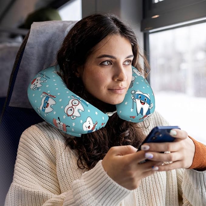 Unique Travel U Shaped Pillows Cute Dental Teeth Blue for Airplanes Car Flight, Comfortable Chin Head Neck Cushion Supporting, Polyester Removable Cover