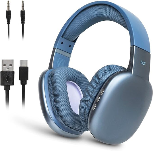 iJoy Ultra Wireless Over-Ear Bluetooth Headphones with Mic, Up to 10 Hours Playtime, Bluetooth Headset 33Ft Range with Backup AUX Cable & SD Slot, Wireless Headphones for Gaming, Work & Gym (Blue)