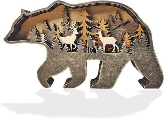Wooden Bear Art Decor Brown Bear Figurine Rustic Home Shelf Desktop Creative Decorations Multi-Layer Silhouette Crafts