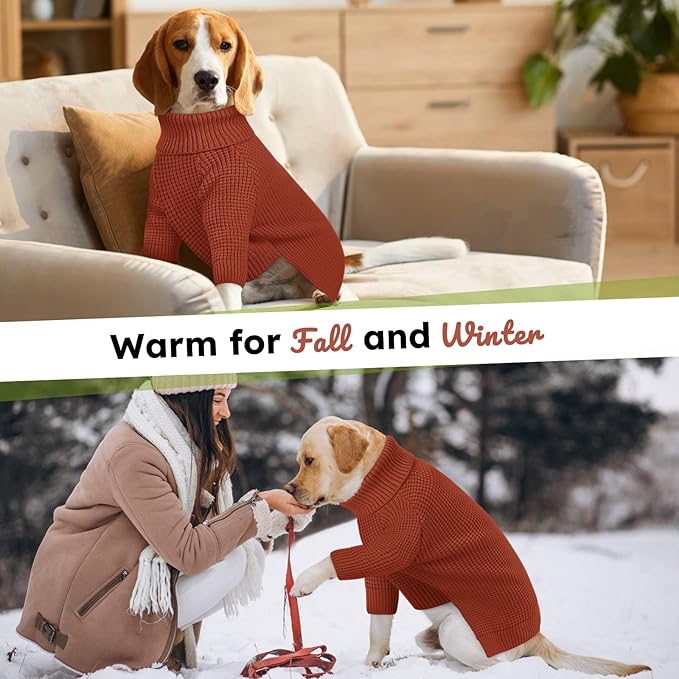 Queenmore XXL Dog Sweater, Large Dog Sweaters for Male Dogs, Turtleneck Plaid Kintsweaters for Large Breeds, Cold Weather Pullover Pet Clothes, Saddle Brown 2XL