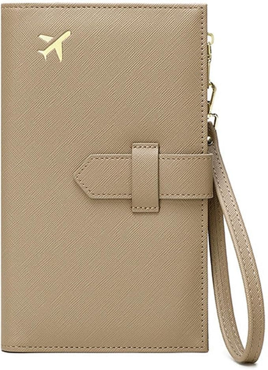 Waterproof Family Passport Organizer with RFID Blocking Genuine Leather Document Holder Card Slots Travel Wallet for Women Men Black (Beige)