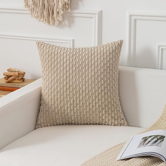 Kevin Textile Throw Pillow Covers Soft Corduroy Decorative Set of 2 Boho Striped Pillow Covers Pillowcases Farmhouse Home Decor for Couch Bed Sofa Living Room 24x24 Inch Beige