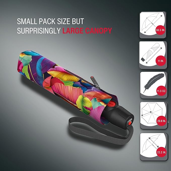 Knirps T.200 Duomatic Compact Rain Umbrella in Palm Multicolor– Wind Tunnel Tested to 93 mph, Aluminum Steel Fiberglass Frame, 38in Canopy, OEKO-TEX, High-Performance Automatic Travel Umbrellas