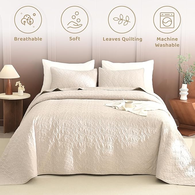 Sanracie Oversized Queen Quilt Bedspread Set 102"*118", 100% Cotton Coverlet Queen Size Wheat Colored Super Soft and Cozy Extra Large Cloud Leaves Quilting Bed Quilts for All Season