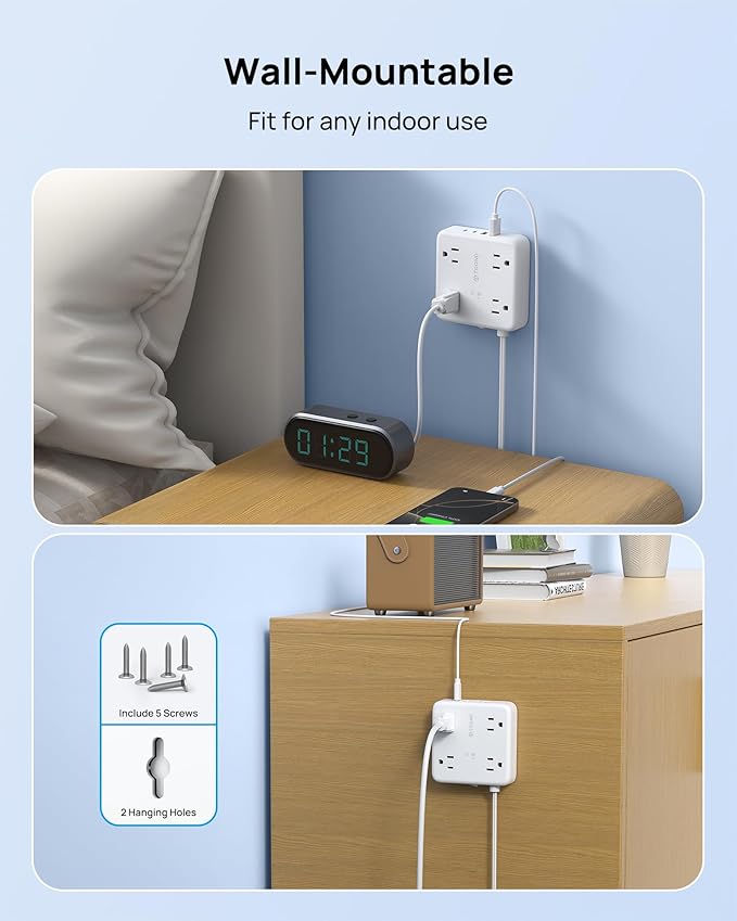 TROND 2 Prong Power Strip 5ft, 2 Prong to 3 Prong Extension Cord, Polarized Flat Plug, 4 AC 4 USB, Wall Mountable Surge Protector Outlet for Non-Ground Socket in Old House School Office, White