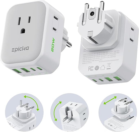 EPICKA Hybrid Travel Plug Adapter, 2 Packs Foldable & Detachable Type EF VisaPlug, 8-in-1 International Power Adapter with 4 USB Ports (2 USB-C PD 20W), Travel Essentials for US to German France