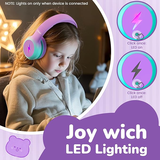Kids USB C Headphones for School, 2025 Upgrade Safe Listening Wired Over-Ear Headphones with LED Lights, Volume Limiter & Microphone, Foldable Design for iPhone 16, iPad, Tablet (Green Purple)
