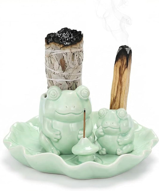 ChangWanna Multifunction 4 in 1 Frog Incense Holder, Palo Santo Holder, Sage Holder, Ceramic Incense Stick Holder for Burning - Cute Ash Catcher Tray for Yoga/Meditation/Home Room Office Decor, Green