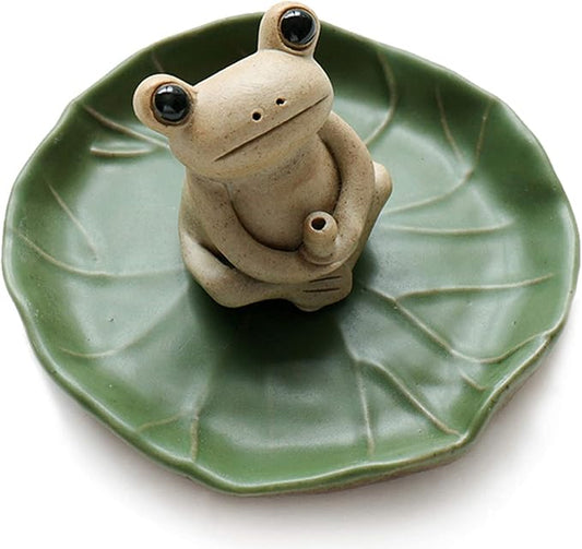 NAGU 100% Handmade Ceramic Stick Incense Burner Holder,Small Frog Incense,Lotus Leaf Tray,Mini Cute Animal Statue Home Incense Burner