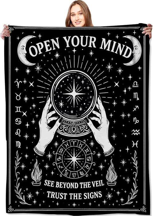 Black White Tarot Zodiac Signs Blanket Halloween Holiday Decor Occult Throw Gifts for Adults Lightweight Soft Fleece Divination Crystal Ball Blankets for Sofa Couch Witchy Decoration 60x80in