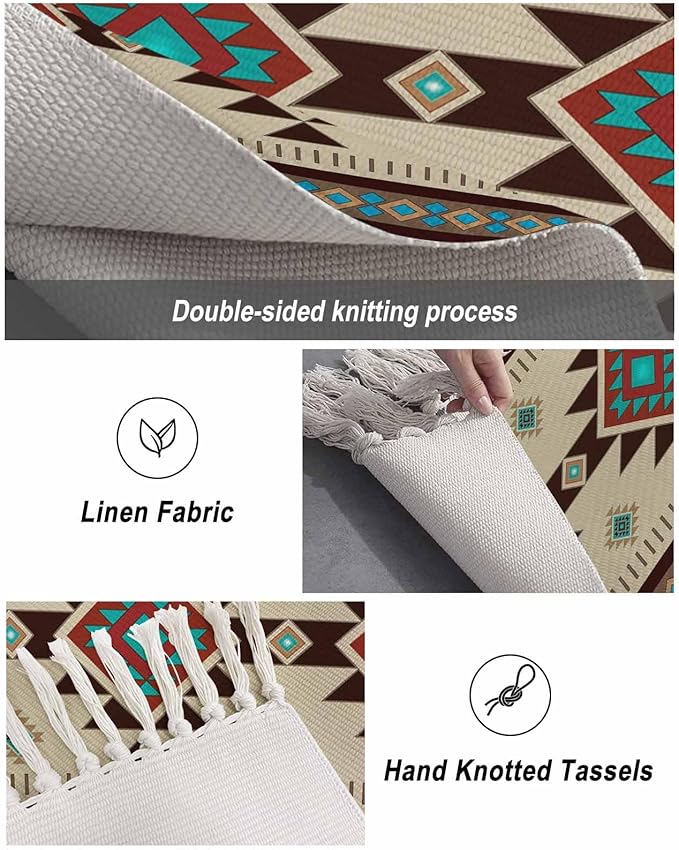 Boho Southwestern Hallway Runner Rug 2X6 Ft Kitchen Carpet, Washable Woven Aztec Abstract Geometric Throw Carpet with Tassel, Non-Shedding Vintage Native American Patterned Bedroom Laundry Rugs