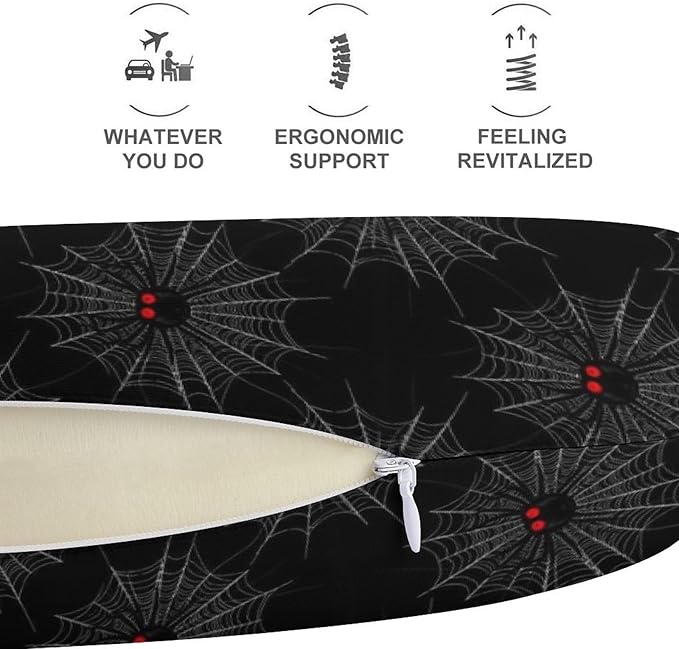 Unisex Travel Neck Pillow Memory Foam U Shaped Cushion Halloween Spiders Web Black, Washable Cover for Men Women Airplane Car Home Rest