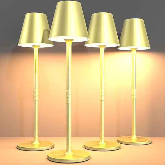 4-Pack Cordless Table Lamps - 5000mAh Rechargeable Battery Operated Desk Lamp, 3-Level Dimmable LED Night Light for Bedroom, Dining, Restaurant - Metal Design (Champagne Gold 4Pack)