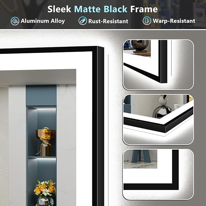 28x36 Inch Black Framed LED Bathroom Mirror with Lights, Backlit & Front Lit, Anti-Fog Lighted Vanity Mirrors for Bathroom Wall, Dimmable, 3-Color Light, Memory, Shatter-Proof, Tempered Glass