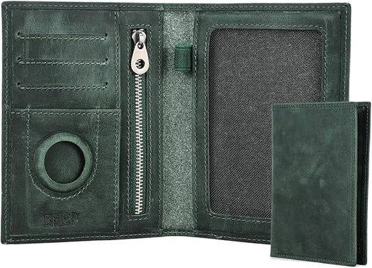 CONTACTS Full Grain Leather Airtag Passport Holder RFID Blocking Travel Passport Wallet Slim Passport Cover Case with 4 Cards Slots, Coin Pocket (Green)