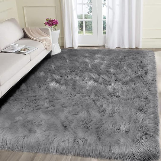 SERISSA Grey Faux Fur Area Rug, 5x8 Feet, Luxury Shaggy Rug for Living Room, Bedroom, Nursery Decor