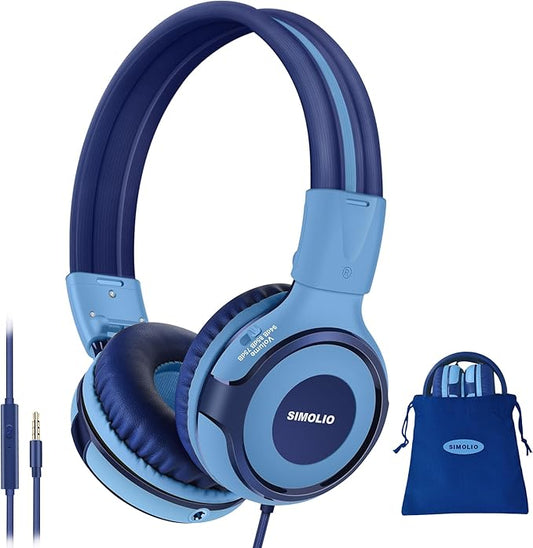 SIMOLIO Kids Headphones for School Age, Wired Headsets with Microphone Volume Limiter Sharing Jack, Adjustable & Sturdy, Tangle-Free Foldable Stereo Headphone for Boys Tablet Travel (Blue)