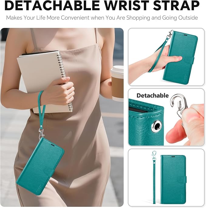 TUCCH Detachable Case Wallet for iPhone 17 Pro Max (6.9") 2025, Wrist Strap | 4 Card Slots RFID Blocking | Wireless Charging | Stand | 2-in-1 Magnetic | PU Leather | Shockproof Folio Cover | Cyan