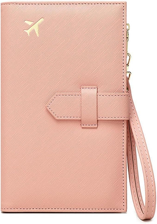 Waterproof Family Passport Organizer with RFID Blocking Genuine Leather Document Holder Card Slots Travel Wallet for Women Men Black (Pink)