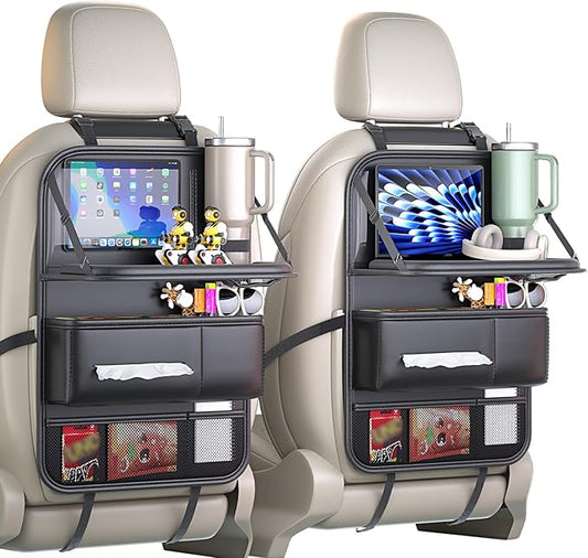 Donpeshe 1PC Leather Foldable Backseat Organizer with Tray for Cars - Portable Kids Car Tray Table, Travel Food Desk & Waterproof Storage