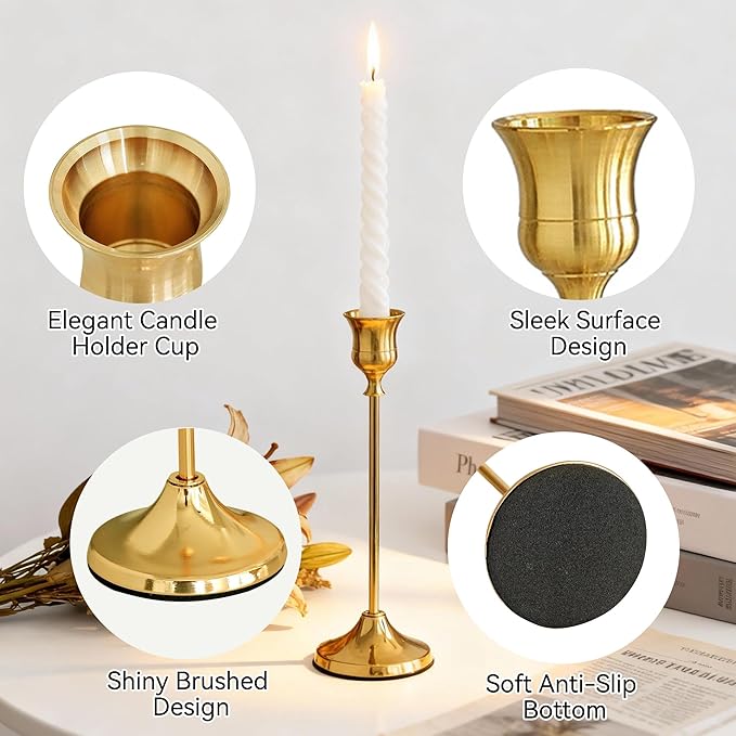 Taper Candle Holders, Tall Vintage Metal Candlestick Holders, 12 PCS Gold Candle Sticks Holders for Home Decor Table Centerpiece Wedding Housewarming Festival, Gold, 4 Sets (12 pcs)