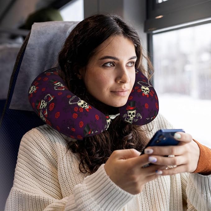 Neck Pillows for Travel Mexican Sugar Skulls Day of The Dead Red Roses Magic Hat, Women and Men Airplane Car Pillow, Neck Support U Shaped Pillow for Rest Pain Relief Sleeping