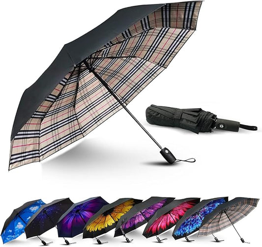 LLanxiry Compact Travel Umbrella, Automatic Open/Close Windproof Umbrella, 10 Fiberglass Ribs, 210T Pongee, UPF 50+ Sun/Rain, Lightweight Portable Umbrellas Travel Size with Carry Sleeve