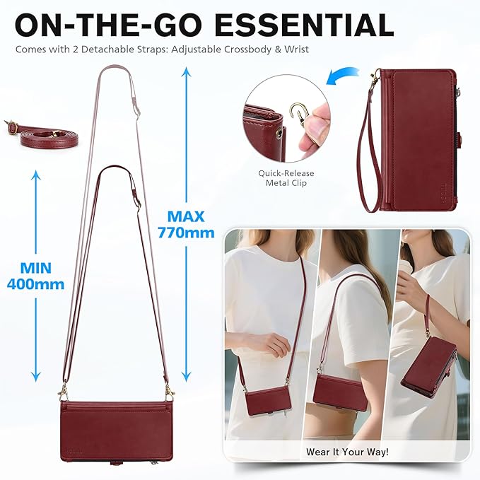 TUCCH Detachable Crossbody Case Wallet for iPhone Air 6.5", Wireless Charging | RFID Blocking 9 Card Holders | Lanyard | Wrist Strap | Stand | Zipper Pocket | PU Leather | Magnetic Cover | Dark Red