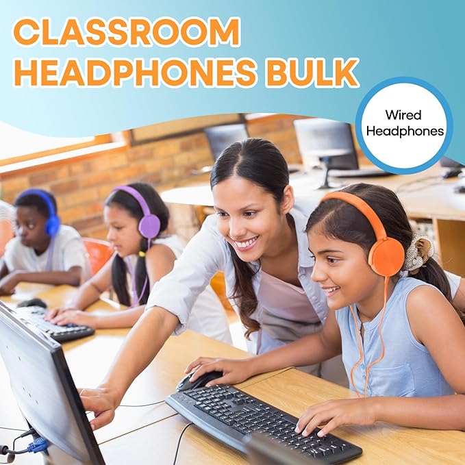Kids Headphones Bulk 6 Pack for School Classroom Students, Wired Computer Headset Durable Class Set Earphones for Children Toddler Teens Boys Girls and Adult (HY450, 6 Mixed)