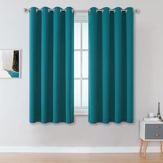 DUALIFE Teal Blackout Curtains Solid Color Eyelet Top Bedroom Curtains Thermal Grommet Light Blocking Room Darkening Window Panels/Drapes for Living Room 2 Panels Set 52 x 45 inches