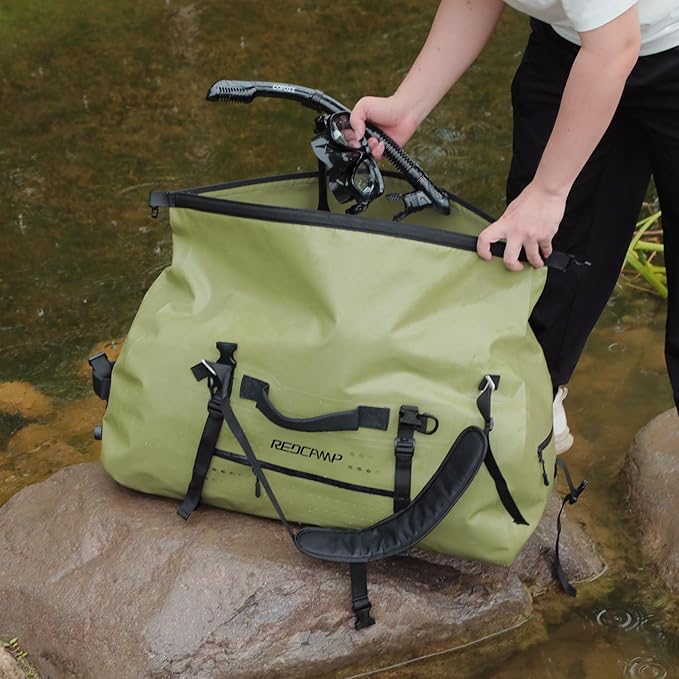 REDCAMP 80L Large Waterproof Duffel Bag, Rolltop Dry Backpack Duffle Bags with Quick-fixed Straps for Camping Motorcycle Boating Rafting Kayaking Paddle boarding, 80L Army Green