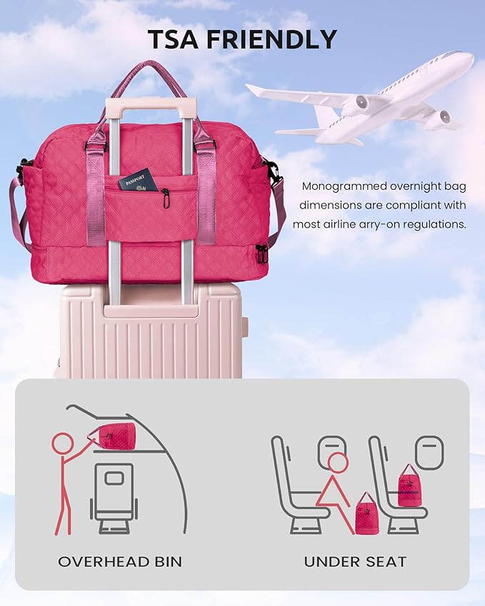 Vogewood Personalized Women's Initial Travel Bag with Shoe Compartment, Hot Pink, K