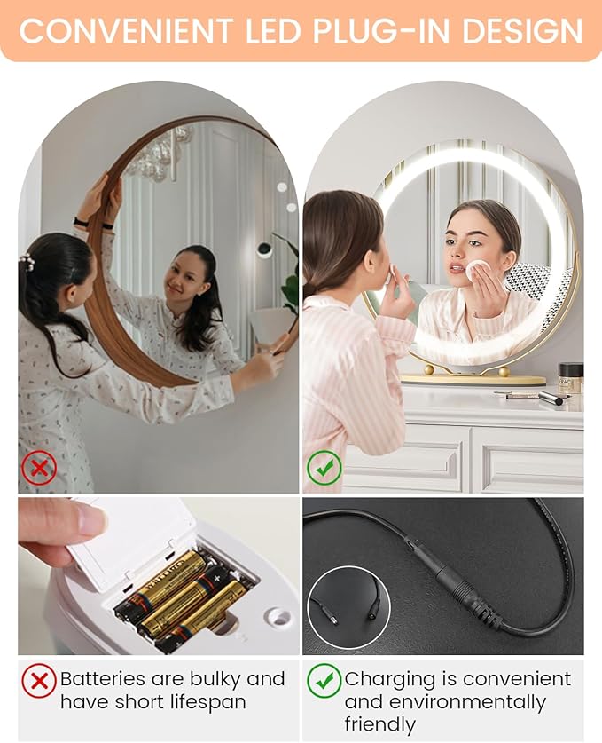 Vanity Mirror with Led Lights, 19 Inches Touch Control 3 Color 2024 New Dimmable Makeup Mirror, 360°Rotation Round Desk Mirror, Easy to Assemble (Gold)
