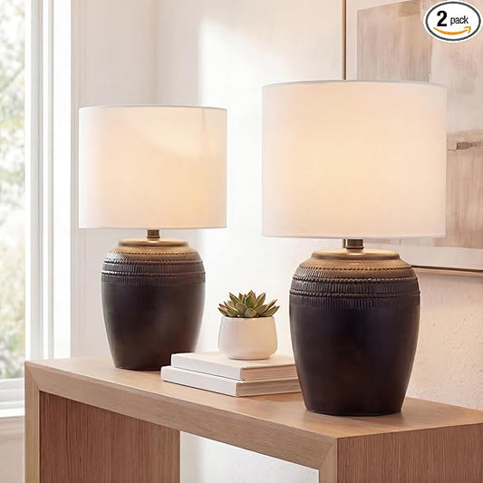 JONATHAN Y JYL5707A-SET2 16.75" Black Rustic Reeded Ceramic Table Lamp Set of 2 for Living Room, Traditional Farmhouse Bedside Nightstand Lamps with White Linen Shade, LED Bulbs Included