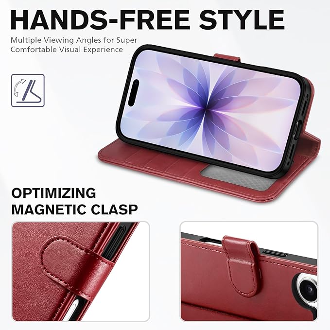 TUCCH Case Wallet for iPhone 17 (6.3-Inch) 2025, Wrist Strap | Stand | RFID Blocking | 4 Card Holders | TPU Shockproof Inner Shell | PU Leather | Magnetic Folio Cover | Dark Red