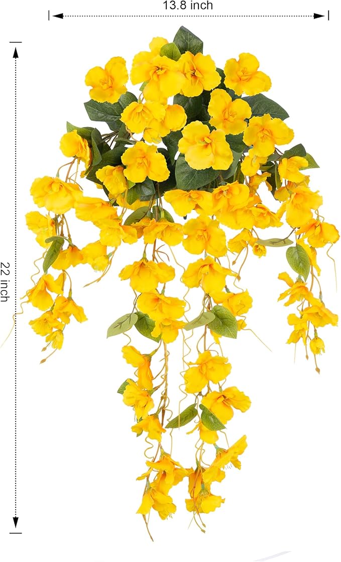 Fake Hibiscus Artificial Hanging Flowers Plants for Outdoors Spring Decoration, 2pcs Silk Hibiscus Vines Realistic UV Resistant Yellow Faux Flowers for Outside Planter Porch Patio Yard Wedding Party