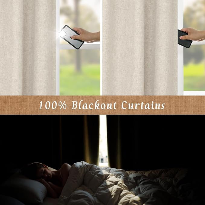 LAMIT 100% Blackout Linen Curtains for Bedoom, 68 Inches Linen Textured Thermal Drapes Back Tab and Rod Pocket Neutral Panels with White Liner for Living Room, 2 Panels, 52 x 68 Inch, Oatmeal