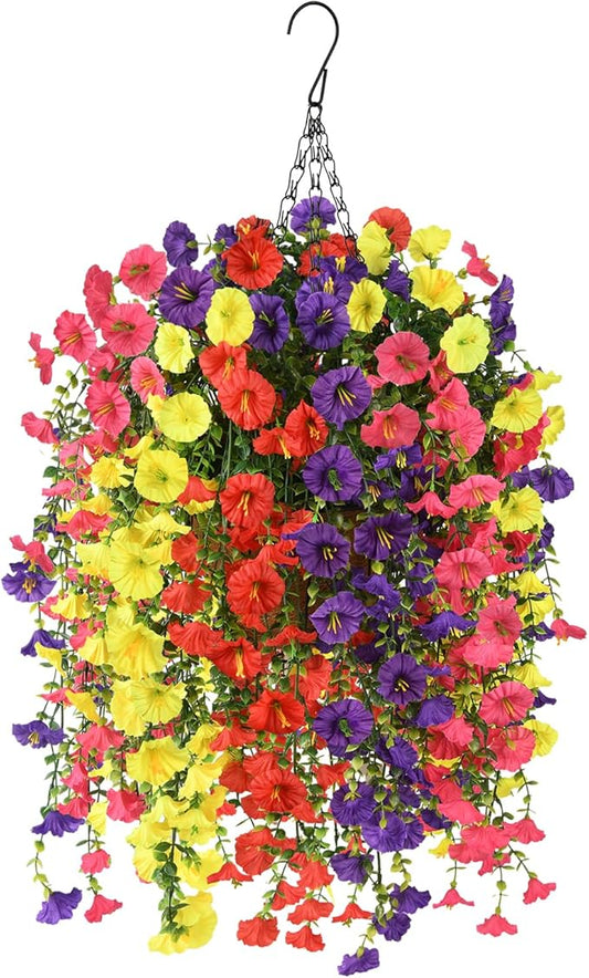 Homsunny Artificial Fake Hanging Flowers Plants Baskets for Outdoor Spring Decoration, Faux Morning Glory Silk Flower for Outside Realise UV Resistant Patio Yard Porch Balcony Home Decor (Mixed 1)