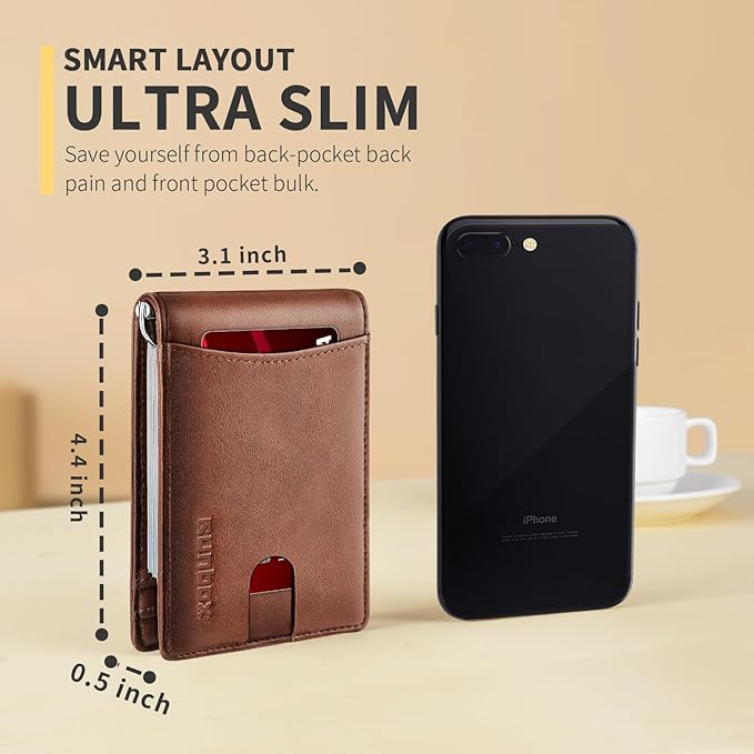 RUNBOX Slim Wallet for Men Genuine Leather RFID Blocking Bifold Minimalist Front Pocket Mens Wallet with Money Clip Thin Gift Box