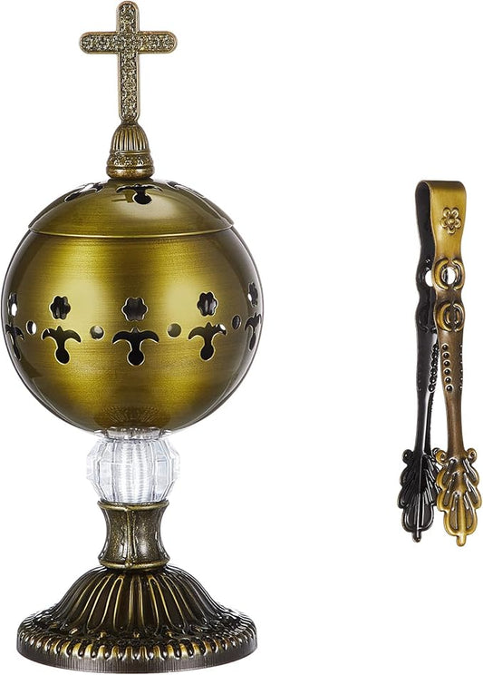 Zonon Catholic Incense Burner with Tong Charcoal Polished Metal Brass Censer Holder Christian Church Censer Burner Holder Cones Cross 7. 9" Aromatherapy Fragrance Ornament(Bronze)