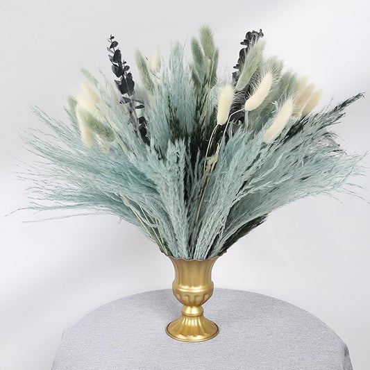 N&T NETING 100Pcs Grey Pampas Grass Decor Natural Dried - Gray Pampas Grass Bunny Tails Eucalyptus Leaves Gray Flowers for Centerpieces Rustic Living Room Home Wedding Boho Modern Decor(17.5 Inch)