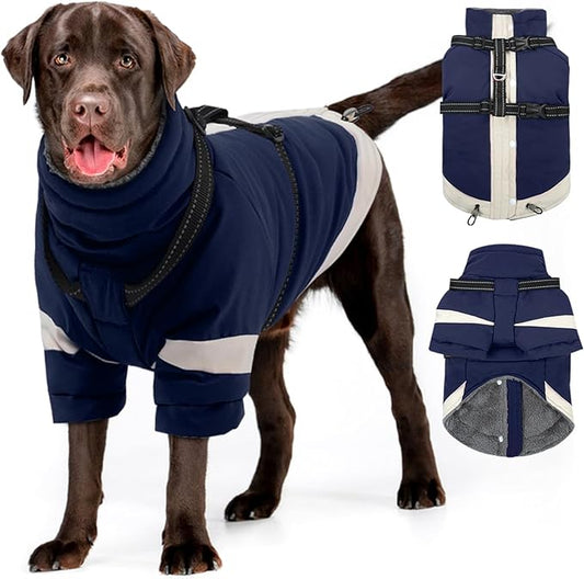 MIGOHI Thermal Large Dog Coat with Harness Waterproof Jacket for Large Dogs,Thick Dog Winter Coat,Snow Jacket for Dogs Windproof for Hunting Camping Chilly Days,Doberman,Great Dane,XXXL,NavyBlue