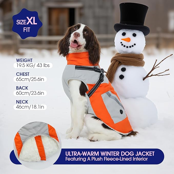 FUAMEY Dog Winter Jackets for Large Dogs,Dog Coat with Harness Built in,Waterproof Dogs Snowsuits Warm Pet Jacket Zip Up Fleece Cold Weather Coats Reflective Safety Pets Hunting Vest Orange XL