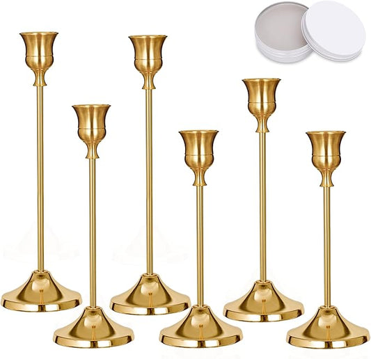 Candlestick Holders, 6 PCS Brass Gold Metal Taper Candle Holder with Adhesive Wax fits 3/4 Inch Long Candles, Vintage Modern Candle Holders for Table Mantel Wedding Housewarming Gift